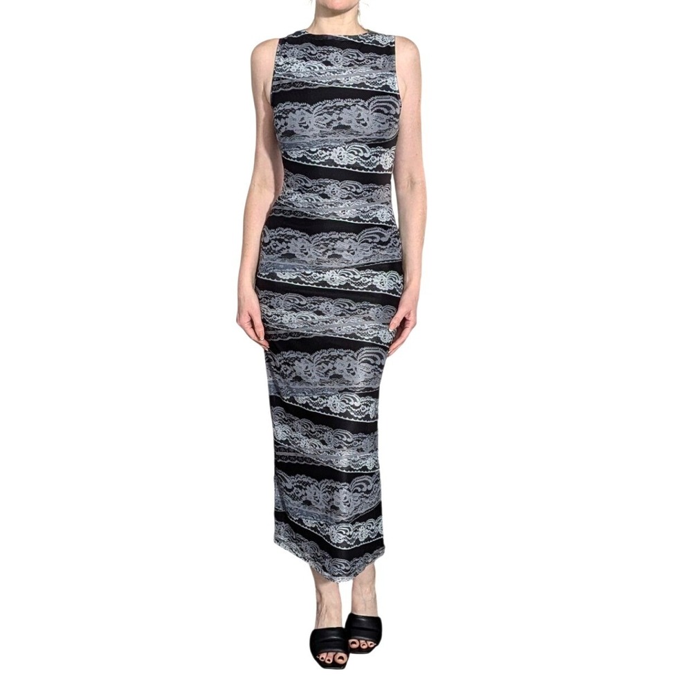 Motel Rocks‎ 90s Minimalist Lace Print Mesh Maxi Dress Black Gray Bodycon Size S